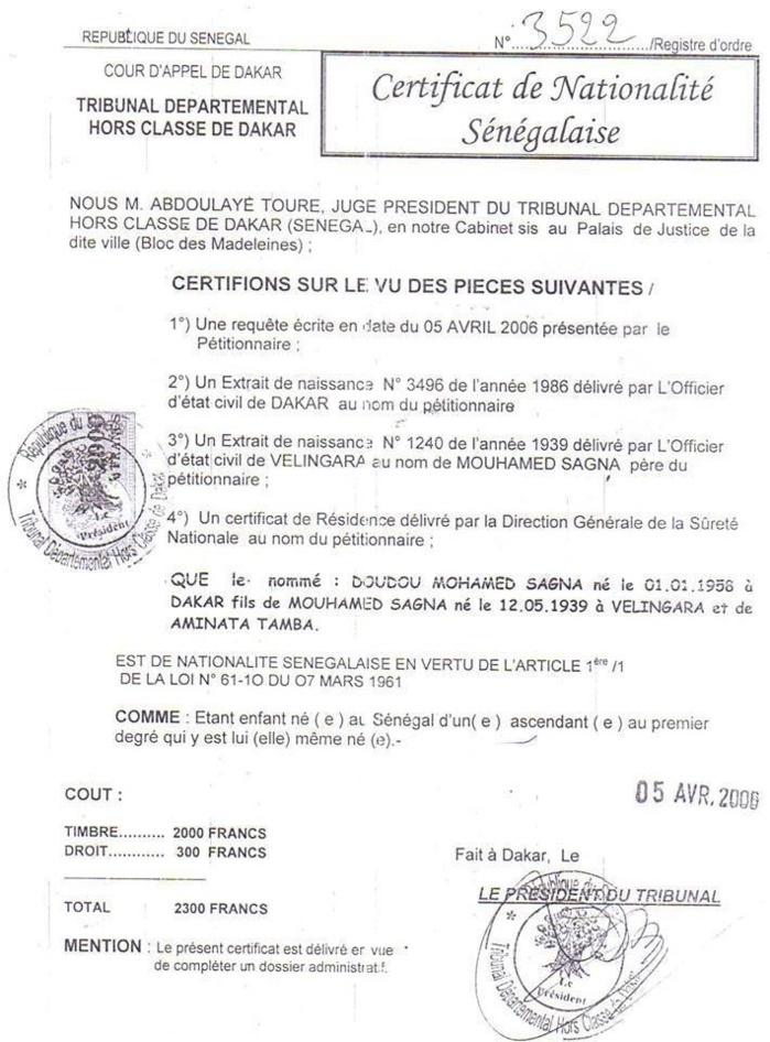 Voici le certificat de nationalité sénégalaise de Kukoi Samba Sanyang