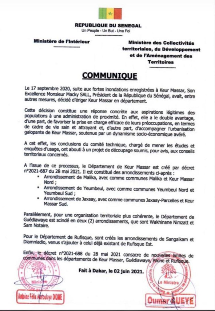 Découpage administratif : le Département de Keur Massar crée…Guédiawaye scindé en deux arrondissements…deux nouveaux crées aussi à Rufisque
