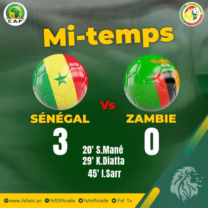 Sénégal - Zambie : Les Lions mènent 3-0 à la mi-temps grâce à des buts de Sadio Mané sur penalty, Krepin Diatta et Ismaëla Sarr...
