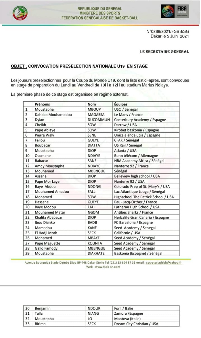 COUPE DU MONDE U19 MASCULIN : La liste de joueurs Sénégalais présélectionnés pour un stage de préparation... (DOCUMENT) COUPE DU MONDE U19 MASCULIN : La liste de joueurs Sénégalais présélectionnés pour un stage de préparation... (DOCUMENT)