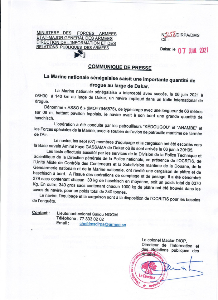 Trafic de drogue : le Navire Cargo « ASSO6 » intercepté par la marine transportait 8370 kg de haschich et 349 tonnes de plâtre.