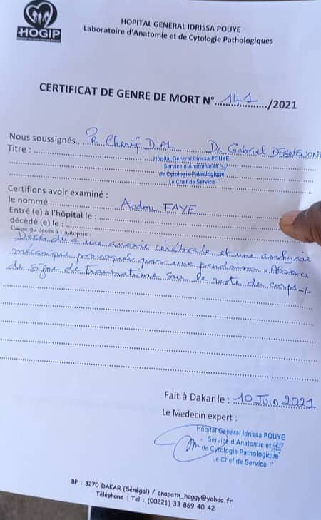 Affaire Abdou Faye : L’autopsie confirme le suicide.