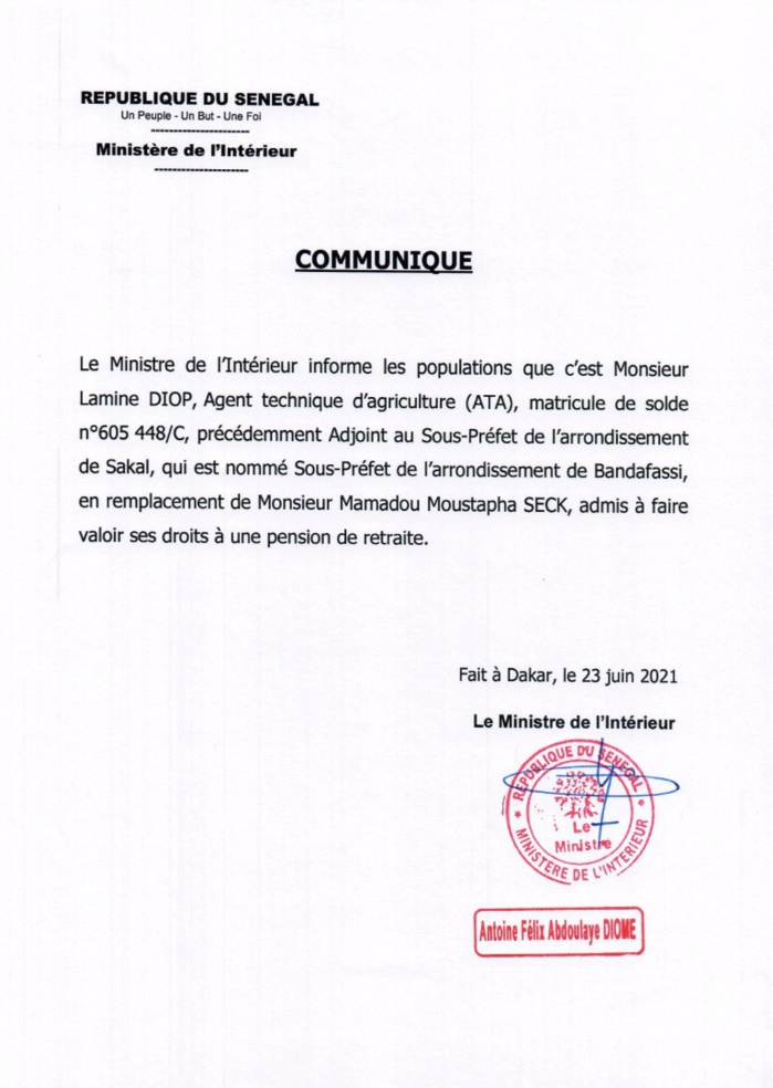 Arrondissement de Bandafassi :  Lamine Diop, agent technique d’agriculture, nommé sous-préfet et non le défunt Moussa Gadio