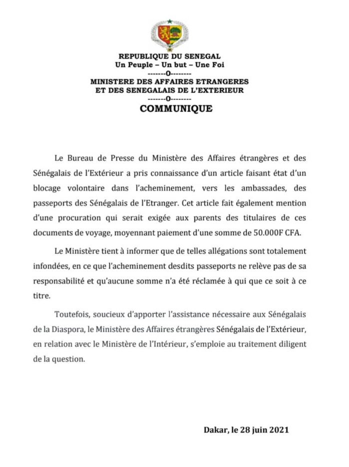 Renouvellement des passeports aux sénégalais de la Diaspora : les précisions du Ministère des affaires étrangères Renouvellement des passeports aux sénégalais de la Diaspora : les précisions du Ministère des affaires étrangères