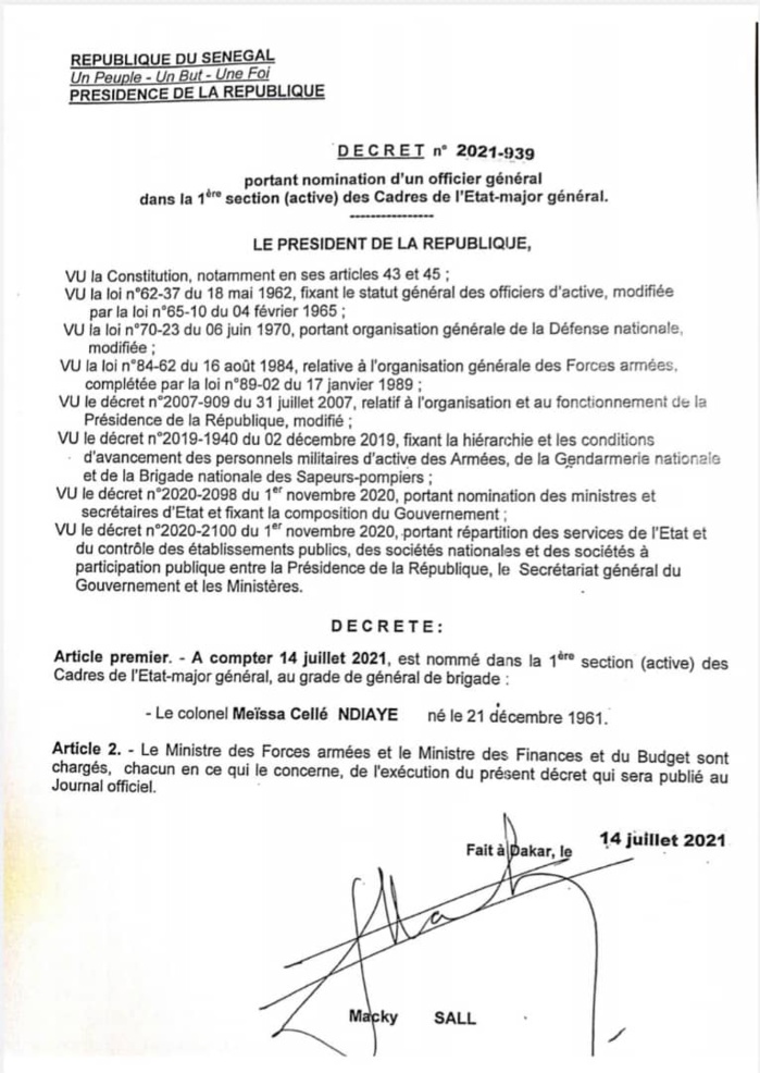 Nominations dans le Haut commandement de la gendarmerie nationale: le colonel Adama Gueye, Gouverneur militaire du Palais, les Colonels Daouda Diop et Meissa Cellé Ndiaye élevés au grade de Général