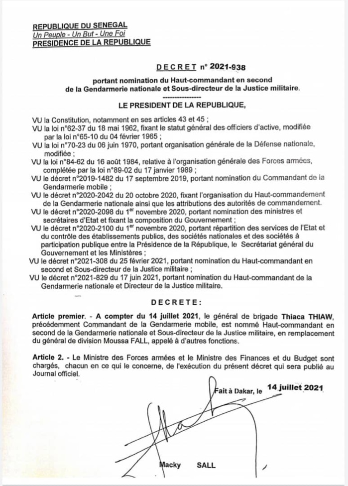 Nominations dans le Haut commandement de la gendarmerie nationale: le colonel Adama Gueye, Gouverneur militaire du Palais, les Colonels Daouda Diop et Meissa Cellé Ndiaye élevés au grade de Général Nominations dans le Haut commandement de la gendarmerie nationale: le colonel Adama Gueye, Gouverneur militaire du Palais, les Colonels Daouda Diop et Meissa Cellé Ndiaye élevés au grade de Général
