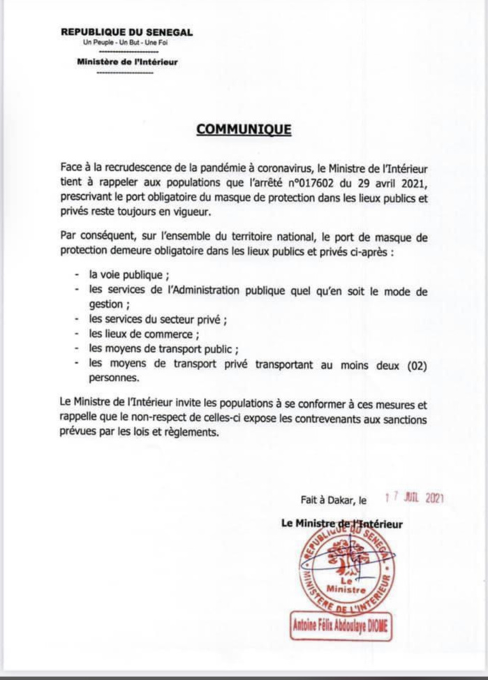 Covid-19 au Sénégal : « Le port du masque est obligatoire dans les lieux publics et privés » (DOCUMENT)