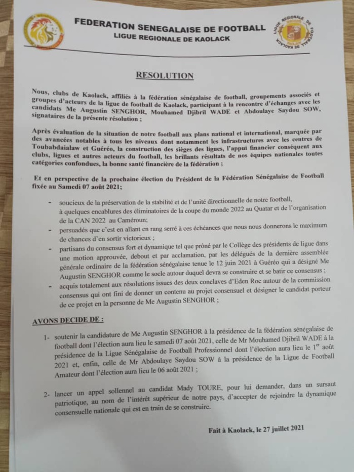Kaolack / La ligue de football et les présidents de clubs soutiennent la candidature de Me Augustin Senghor et appellent Mady Touré à rejoindre le consensus. Kaolack / La ligue de football et les présidents de clubs soutiennent la candidature de Me Augustin Senghor et appellent Mady Touré à rejoindre le consensus.