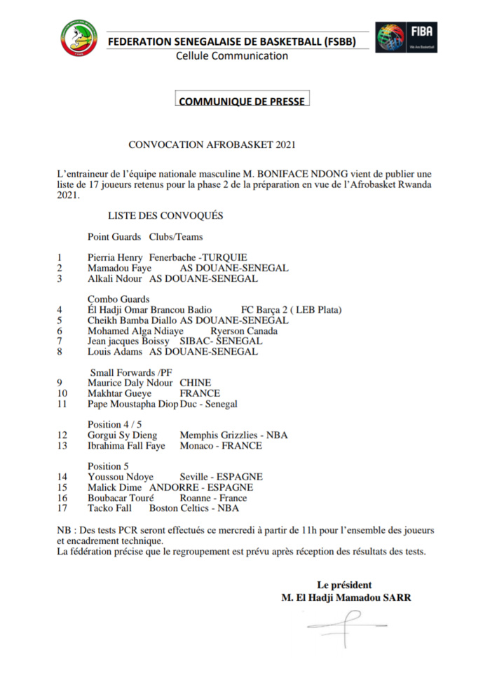 Basket / Préparation Afrobasket 2021 : Boniface Ndong convoque 17 lions pour la seconde phase de préparation Basket / Préparation Afrobasket 2021 : Boniface Ndong convoque 17 lions pour la seconde phase de préparation