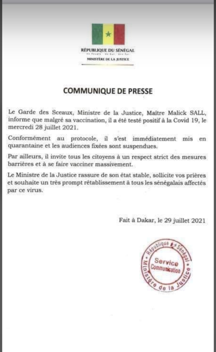 SÉNÉGAL : Le ministre de la Justice Me Malick Sall testé positif à la Covid-19.