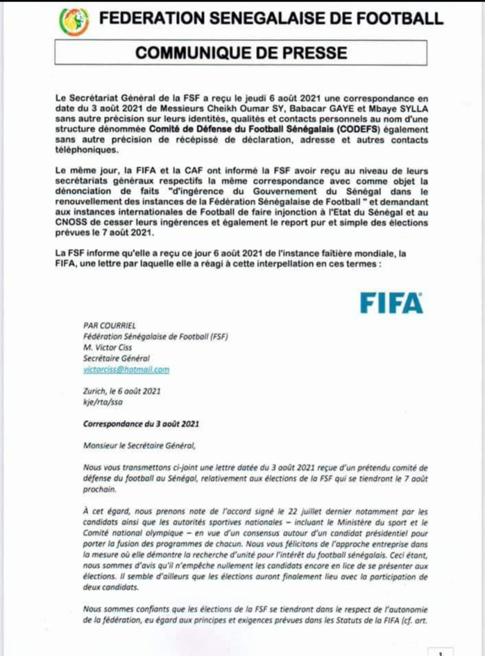 Officiel / La FIFA désavoue le CODEFS et conforte la FSF : « Nous sommes confiants que les élections de la FSF se tiendront dans le respect... » (Document)