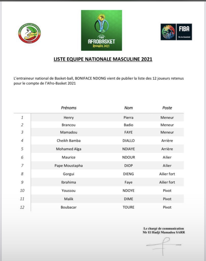 AFRO BASKET 2021 : Voici la liste des 12 joueurs retenus par le coach Boniface Ndong. (DOCUMENT)