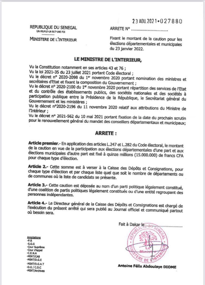 Municipales et départementales 2022 : Le montant de la caution fixé à 15.000.000 FCfa pour chaque type d’élection. (DOCUMENT)
