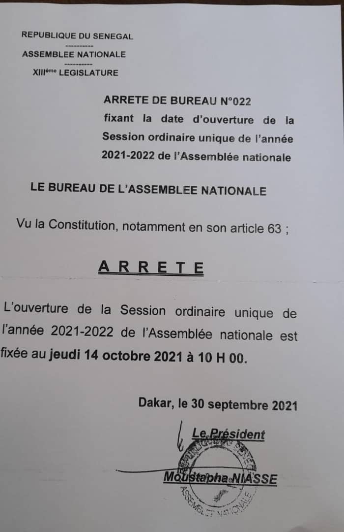 Session 2021-2022 : L’assemblée nationale reprend service le jeudi 14 octobre.