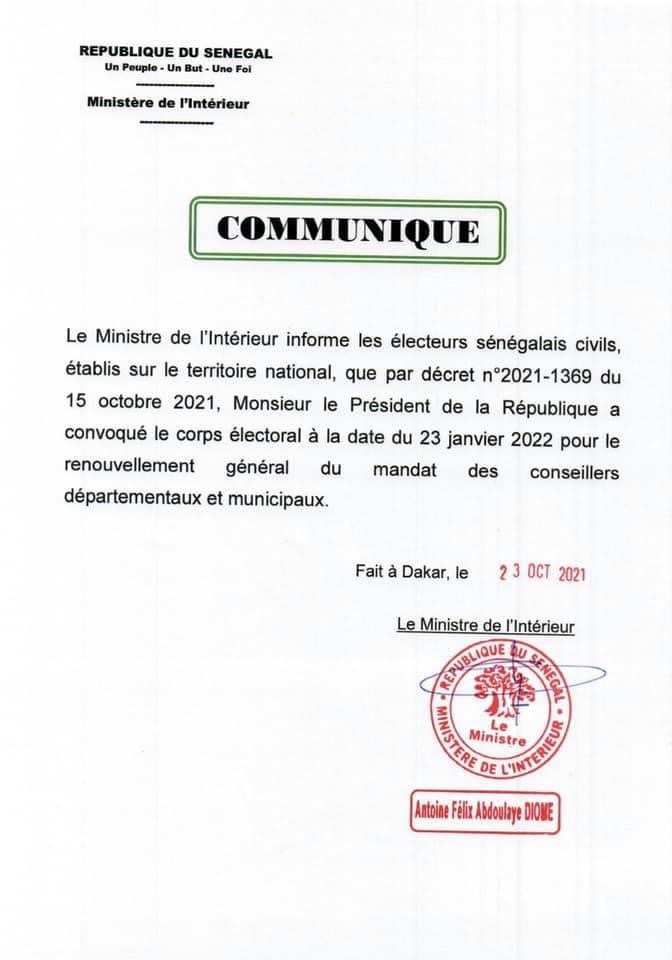 Sénégal : Les élections Locales se tiendront le 23 Janvier 2022. (Officiel)
