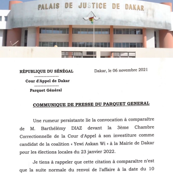 Convocation à comparaître de M. Barthélémy DIAZ : « cette audience n'a rien à voir avec sa désignation comme candidat à la Ville de Dakar » Parquet général Convocation à comparaître de M. Barthélémy DIAZ : « cette audience n'a rien à voir avec sa désignation comme candidat à la Ville de Dakar » Parquet général
