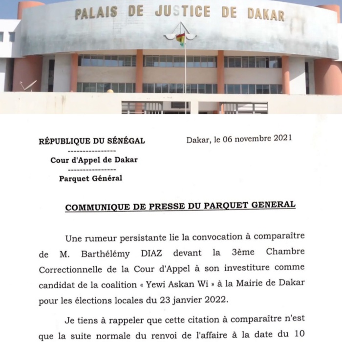 Convocation à comparaître de M. Barthélémy DIAZ : « cette audience n'a rien à voir avec sa désignation comme candidat à la Ville de Dakar » Parquet général