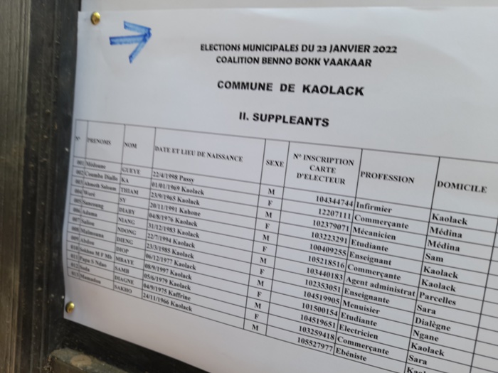Préfecture de Kaolack : Publication de la liste de Benno Bokk Yakaar (documents).