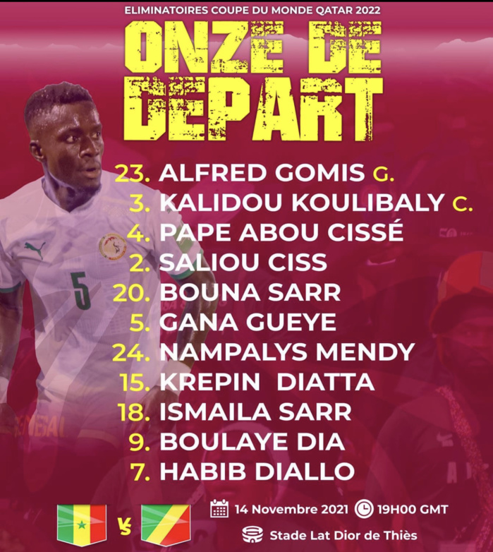 Éliminatoires mondial 2022 au Qatar - Senegal Vs Congo : Le 11 de départ de Aliou Cissé.