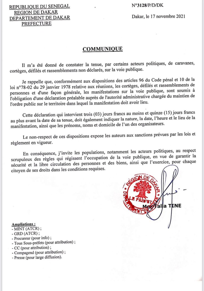 Occupation de la voie publique : le Préfet de Dakar rappelle aux acteurs politiques les obligations et préalables