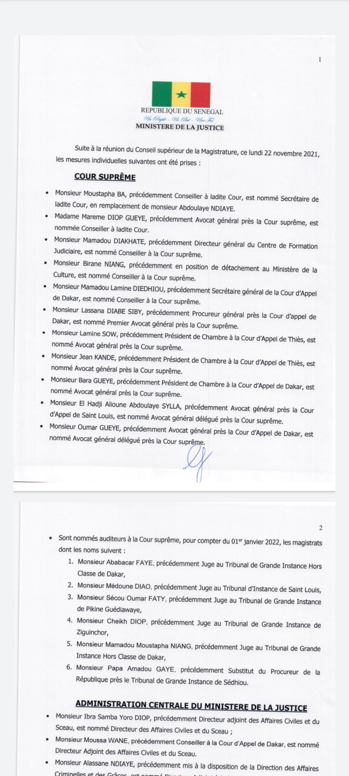Sénégal - Voici l'intégralité des nominations du conseil supérieur de la Magistrature (Document) Sénégal - Voici l'intégralité des nominations du conseil supérieur de la Magistrature (Document)