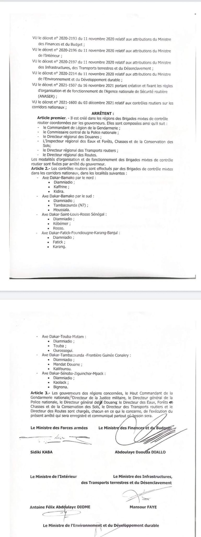 Brigades de controle mixtes routiers sur les corridors nationaux: les localités concernées sur l'axe Dakar-Bamako Brigades de controle mixtes routiers sur les corridors nationaux: les localités concernées sur l'axe Dakar-Bamako