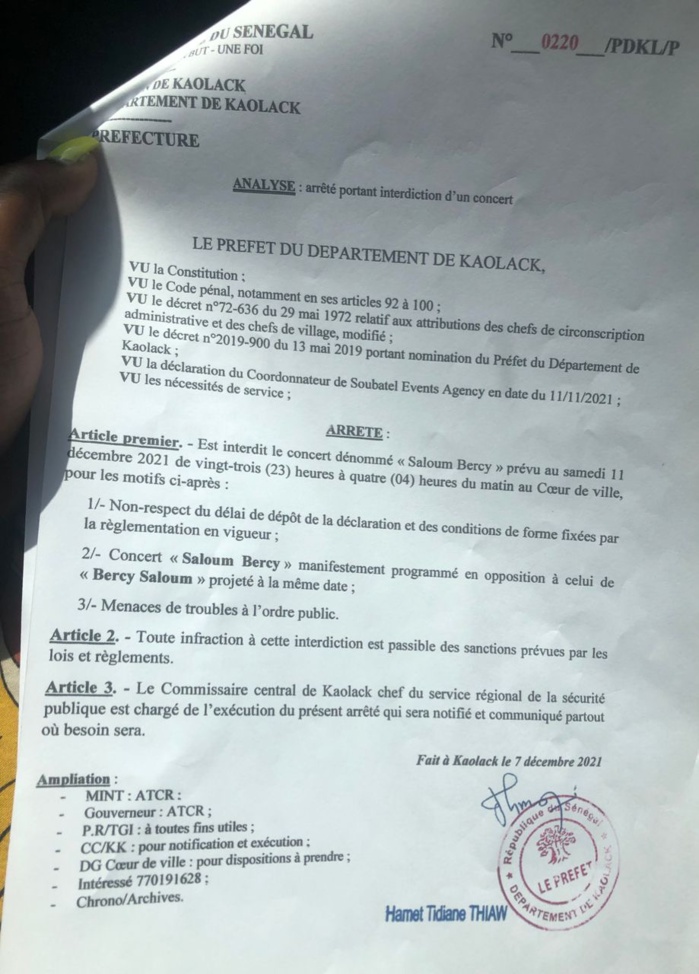 Kaolack : Le concert de Sidy Diop interdit par le préfet... Celui de Wally Seck maintenu après un premier report.