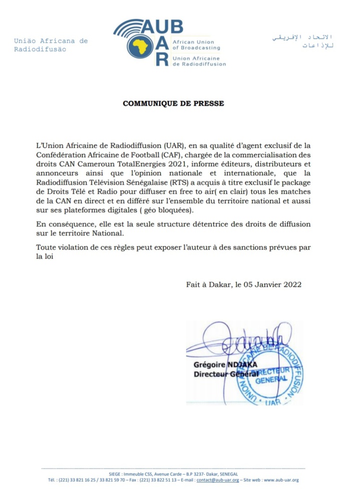 La « RTS », seule structure détentrice des droits de diffusion de la CAN : L’UAR met en garde contre toute violation exposant l’auteur à des sanctions… La « RTS », seule structure détentrice des droits de diffusion de la CAN : L’UAR met en garde contre toute violation exposant l’auteur à des sanctions…