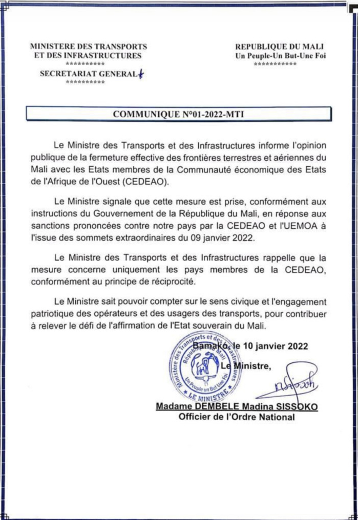 Sanctions corsées de la CEDEAO à la Transition Malienne : La junte rend effective la fermeture de ses frontières aériennes et terrestres avec les pays membres de l’institution.