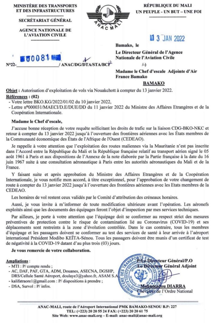 Sanctions CEDEAO- Reprise de ses vols sur Bamako : Air France négocie et obtient l’autorisation d’exploitation des vols via Nouakchott Sanctions CEDEAO- Reprise de ses vols sur Bamako : Air France négocie et obtient l’autorisation d’exploitation des vols via Nouakchott