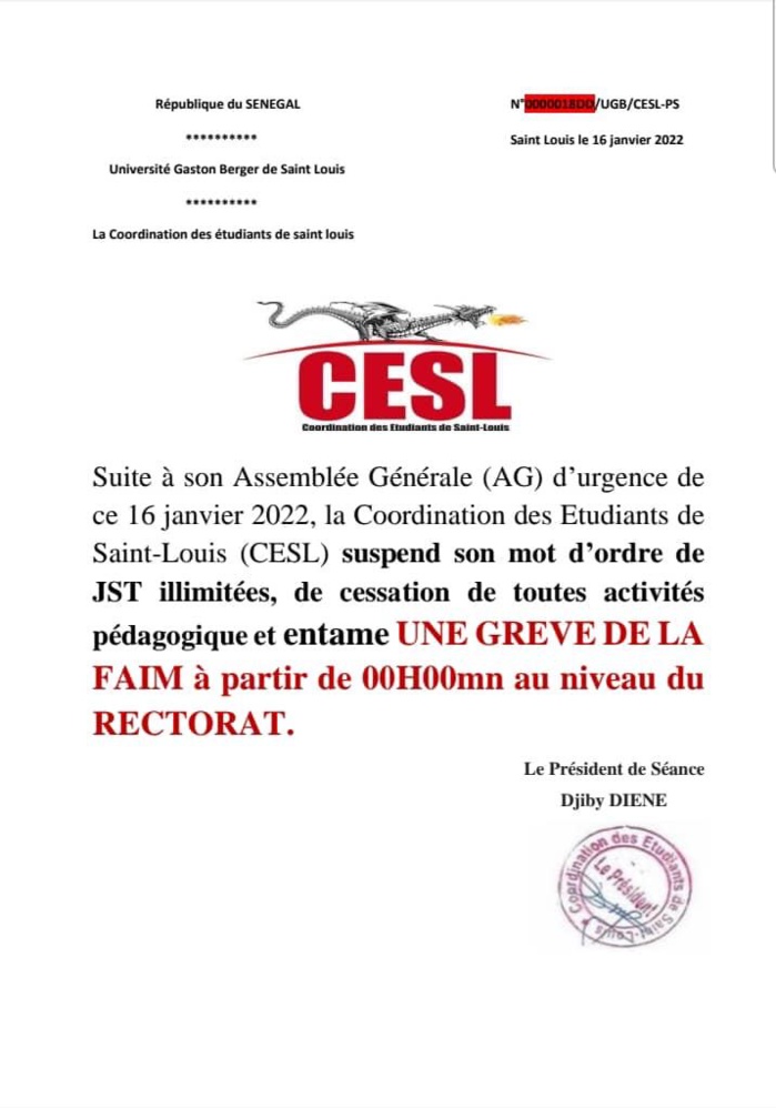 UGB de Saint-Louis : La coordination des étudiants suspend toutes les activités pédagogiques et décrète une grève de la faim.