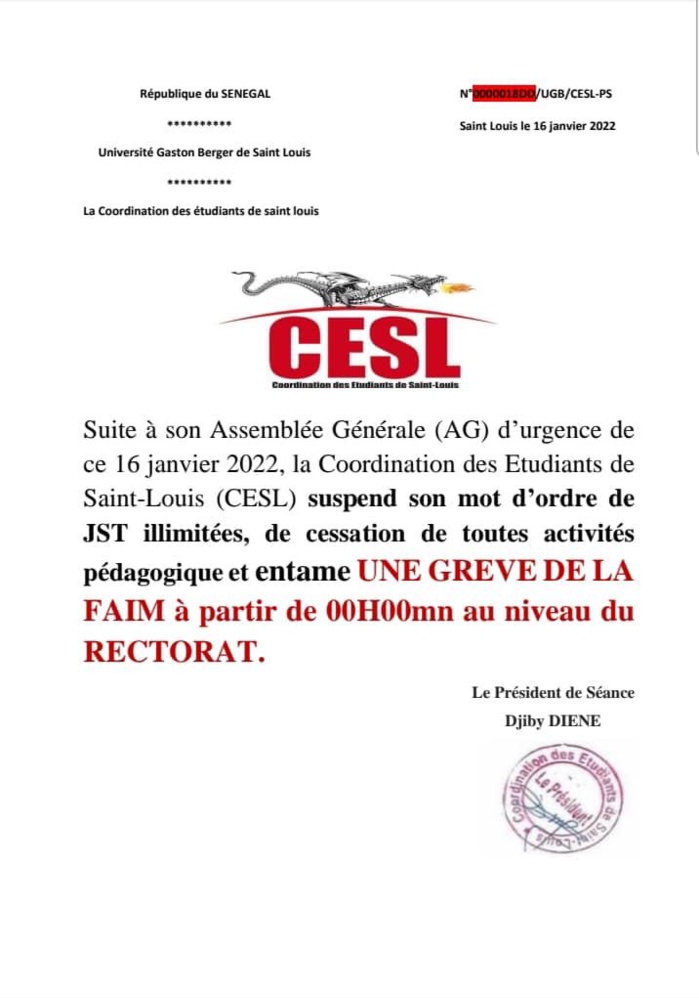 UGB de Saint-Louis : La coordination des étudiants suspend toutes les activités pédagogiques et décrète une grève de la faim. UGB de Saint-Louis : La coordination des étudiants suspend toutes les activités pédagogiques et décrète une grève de la faim.