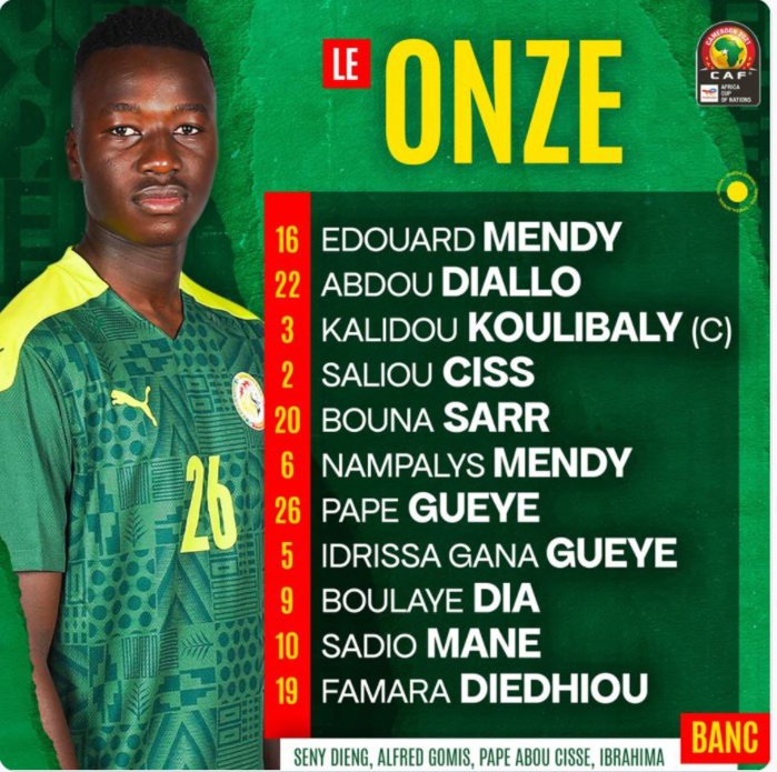 Sénégal vs Guinée équatoriale : le onze officiel avec Nampalys et Pape Gueye, Kouyaté et Bamba Dieng sur le banc.