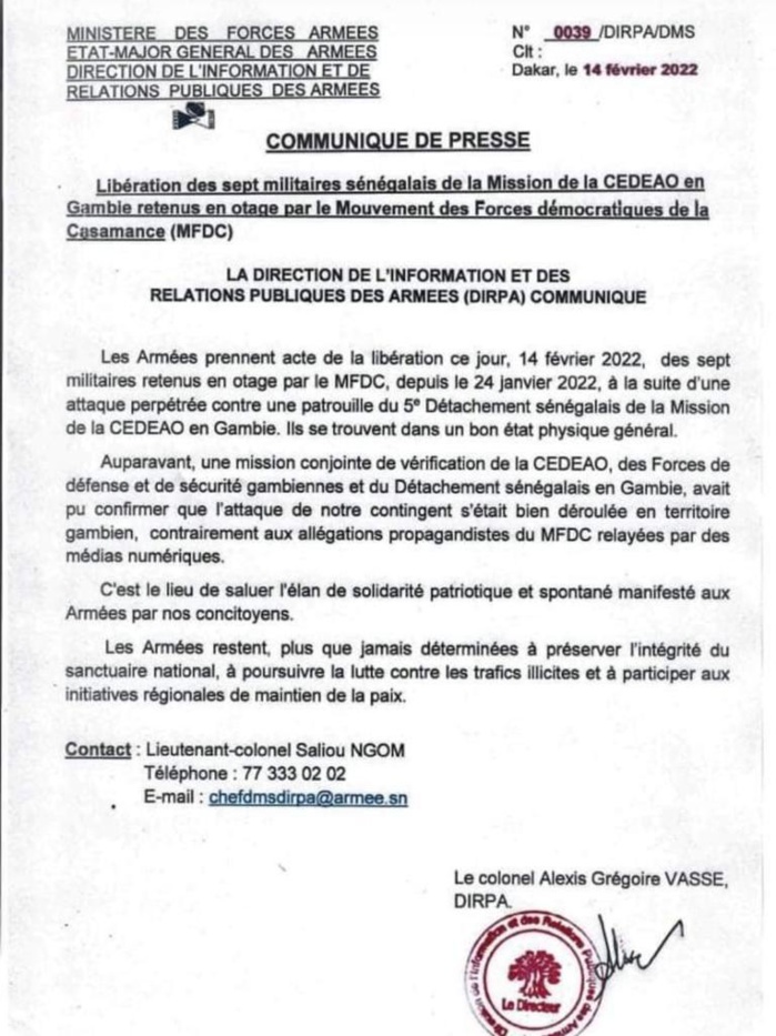 Gambie- Libération des soldats sénégalais: la réaction des forces armées