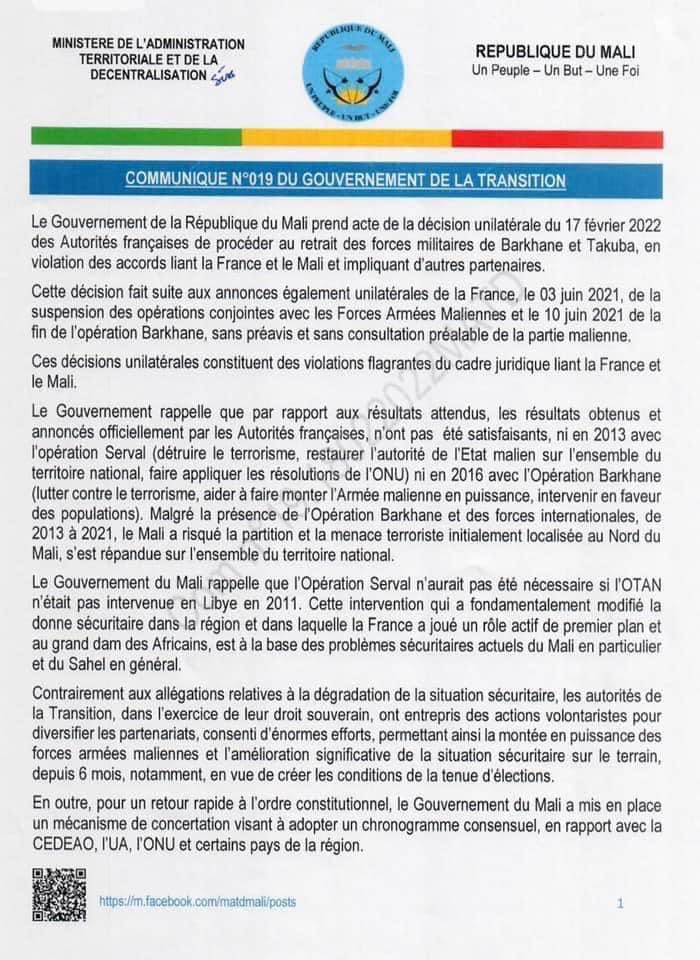 Mali: le Gouvernement de transition demande aux autorités françaises de retirer, sans délai les forces Barkhane et Takuba du territoire national