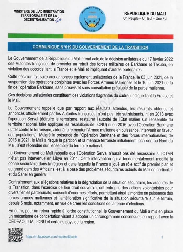 Mali: le Gouvernement de transition demande aux autorités françaises de retirer, sans délai les forces Barkhane et Takuba du territoire national Mali: le Gouvernement de transition demande aux autorités françaises de retirer, sans délai les forces Barkhane et Takuba du territoire national