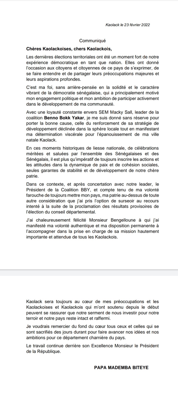 Cour d'appel de Kaolack : Pape Demba Bitèye décide de retirer son recours( Communiqué) Cour d'appel de Kaolack : Pape Demba Bitèye décide de retirer son recours( Communiqué)