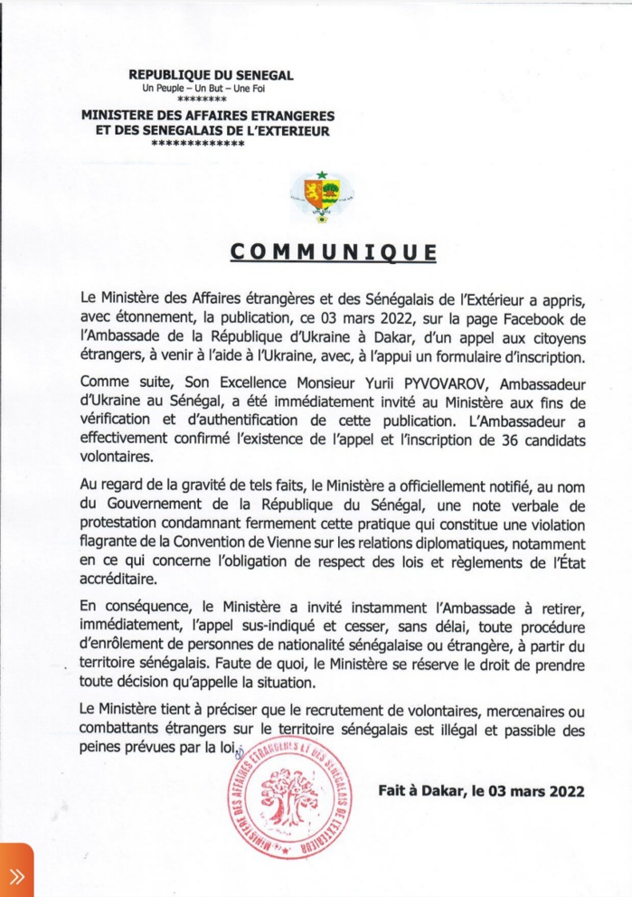 Recrutement de citoyens sénégalais pour combattre en Ukraine : le Ministre des affaires étrangères adresse une note de protestation à l’Ambassadeur Recrutement de citoyens sénégalais pour combattre en Ukraine : le Ministre des affaires étrangères adresse une note de protestation à l’Ambassadeur