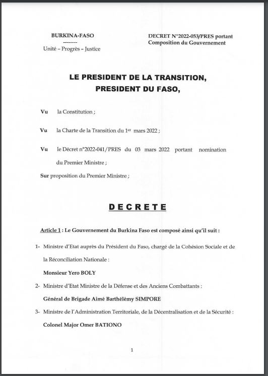 Burkina: composition d'un nouveau gouvernement de 25 ministres