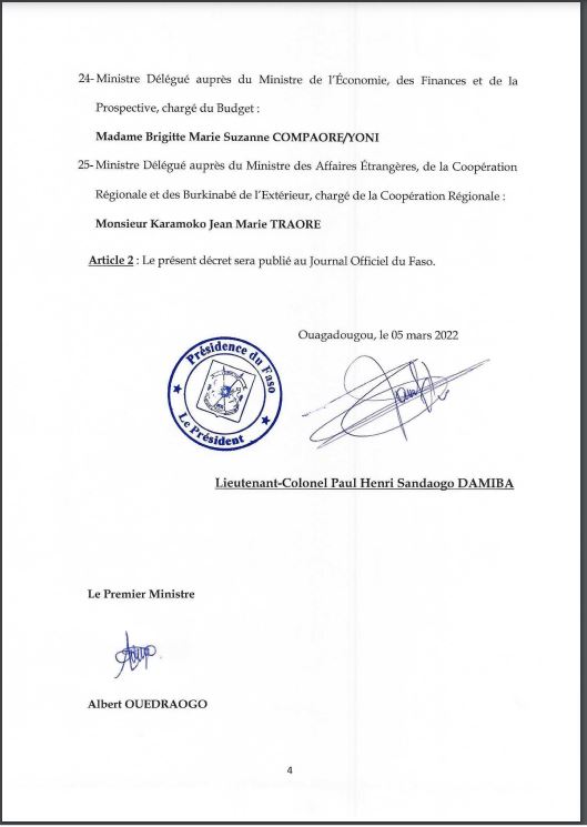 Burkina: composition d'un nouveau gouvernement de 25 ministres