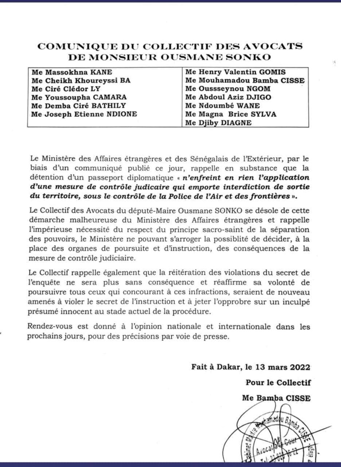 Controle judiciaire d'Ousmane Sonko: les avocats du député déplorent la démarche du Ministére des affaires étrangéres Controle judiciaire d'Ousmane Sonko: les avocats du député déplorent la démarche du Ministére des affaires étrangéres