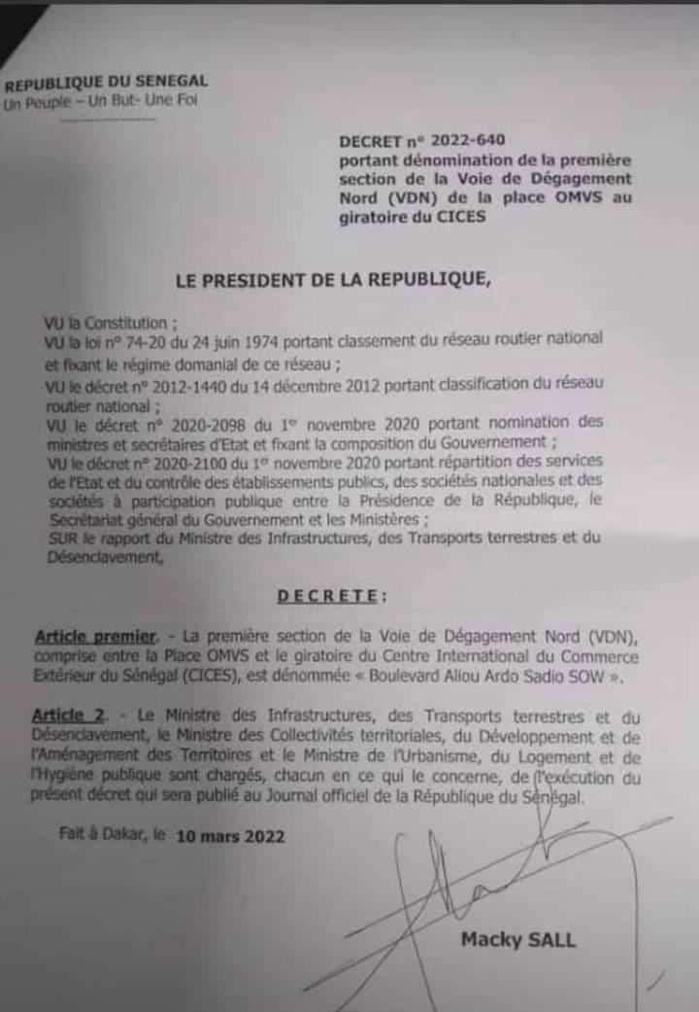 Le Président de la République rebaptise une section de la VDN Boulevard Aliou Sow( Communiqué)
