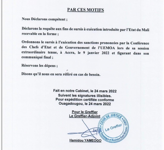 Une cour ouest-africaine ordonne la suspension des sanctions contre le Mali Une cour ouest-africaine ordonne la suspension des sanctions contre le Mali