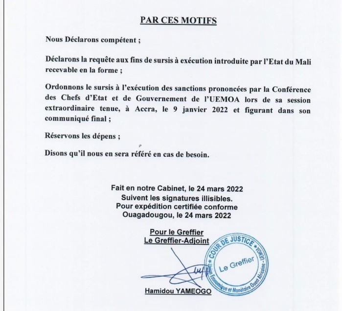 Mali : suspension des sanctions adoptées contre le Mali par les Chefs d’État de l'Uemoa (Document)