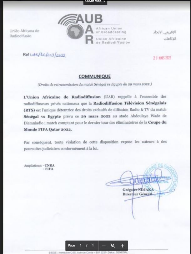 Droits de retransmission du match Sénégal us Egypte: la RTS unique détentrice des droits exclusifs de diffusion Radio & TV (UAR)