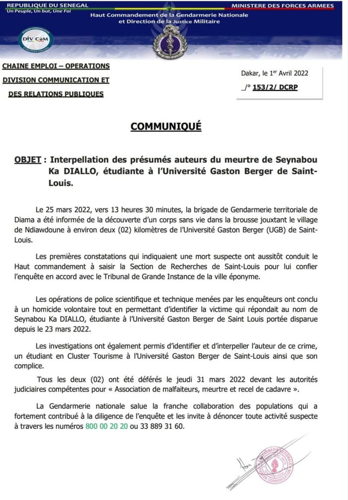 Meurtre de Seynabou Ka Diallo: la gendarmerie annonce le déférement des deux suspects