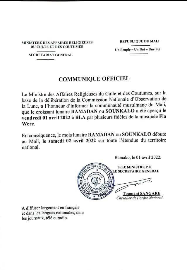 Mali: début du Ramadan ce Samedi 02 Avril 2022