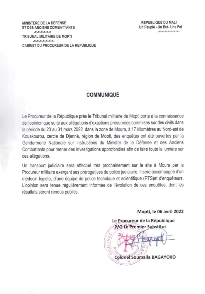 Moura: ouverture d'une enquête sur les allégations d'exactions contre des civils Moura: ouverture d'une enquête sur les allégations d'exactions contre des civils