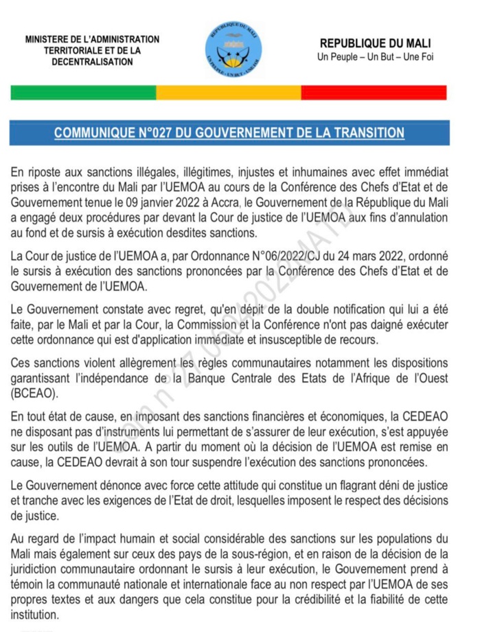 Non éxecution de la mesure de suspension  des sanctions adoptées par les Chefs d États  de L'UEMOA: le Mali  dénonce "un flagrant déni de justice"