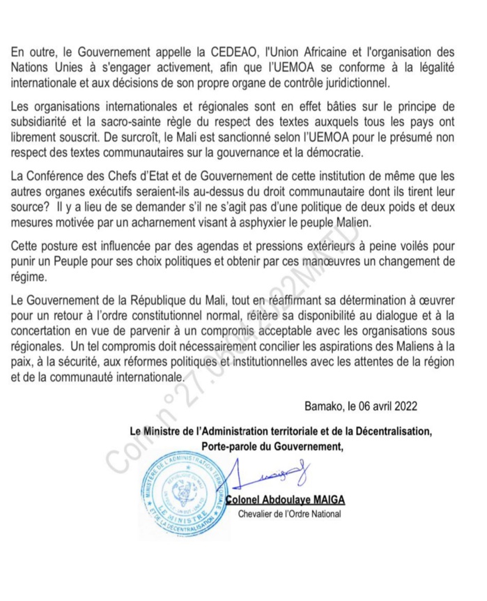 Non éxecution de la mesure de suspension  des sanctions adoptées par les Chefs d États  de L'UEMOA: le Mali  dénonce "un flagrant déni de justice"